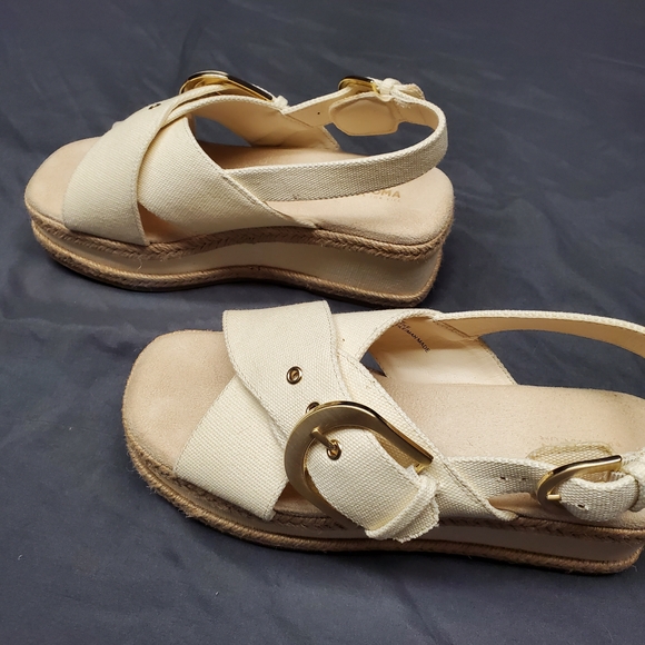 Sonoma Shoes - Sonoma Cream Canvas Wedge Sandals Gold Buckle Slingback Neutral Summer Women’s